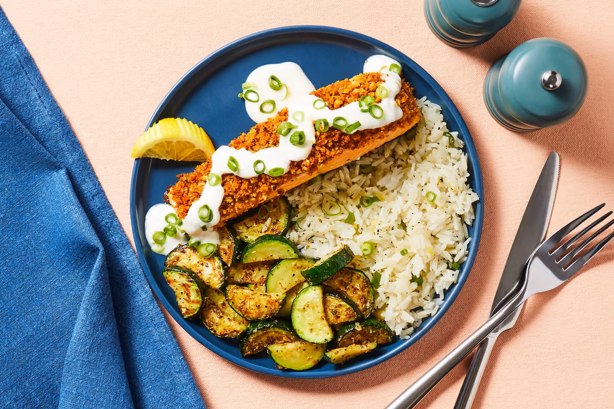Walnut-Crusted Salmon: with Garlicky Zucchini, Scallion Rice & Creamy Lemon Sauce
