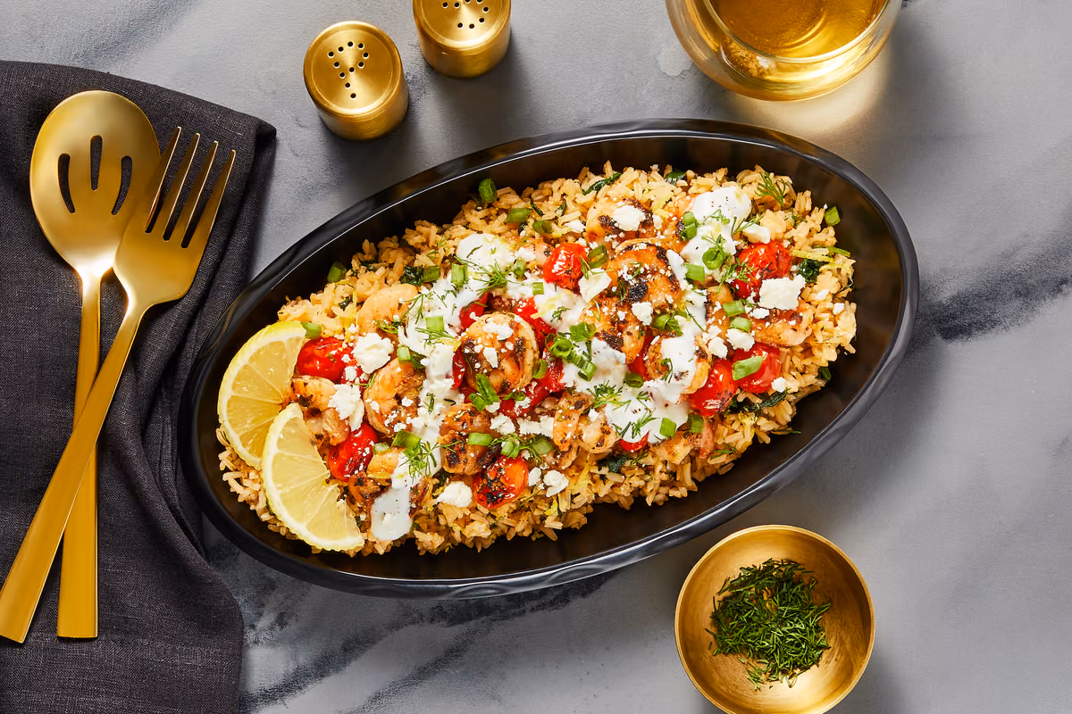 Greek Shrimp Over Lemony Spinach Rice