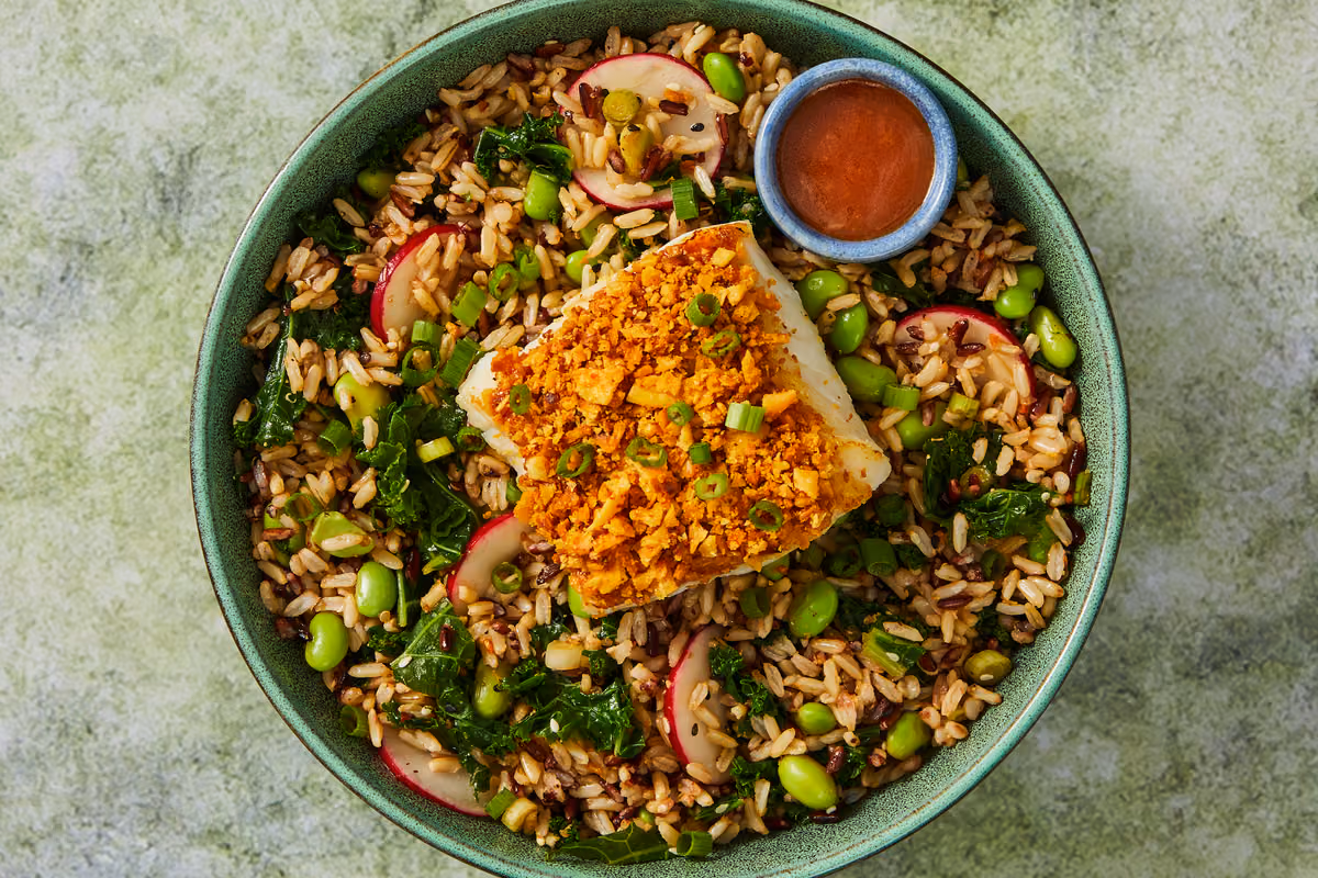 Air Fryer Wonton-Crusted Cod & Kale Grain Bowls