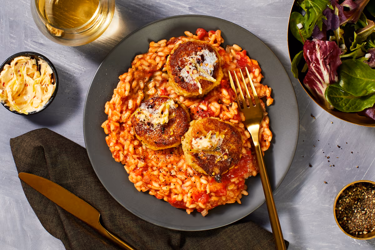 Crab Cakes over Risotto Fra Diavolo