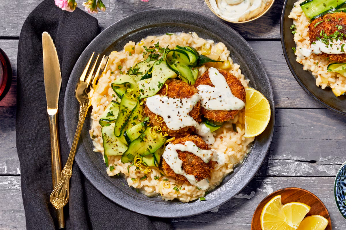 Crab Cakes with Tarragon Aioli over Garlic Herb Risotto with Lemony Zucchini Ribbons