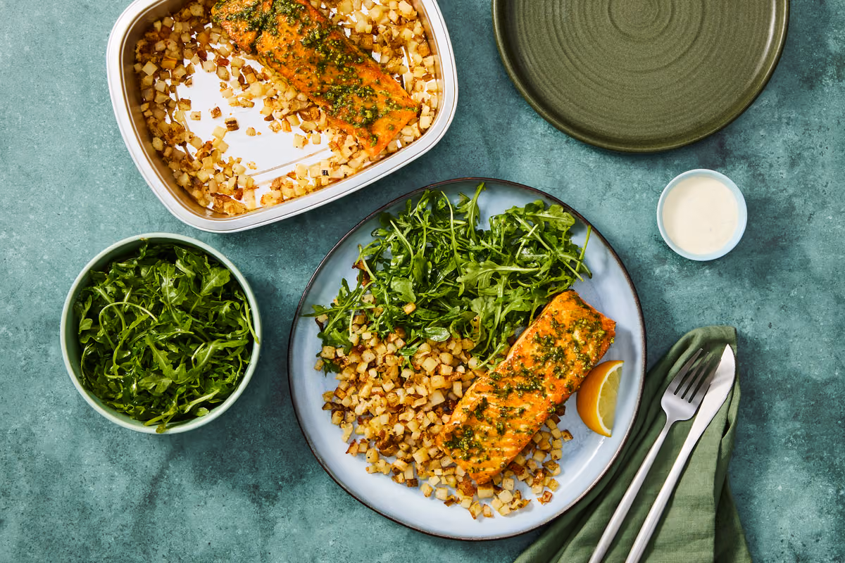 Prep & Bake Pesto Salmon with Potatoes