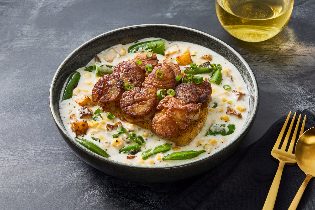 Scallop-Crusted Cod & Corn Chowder