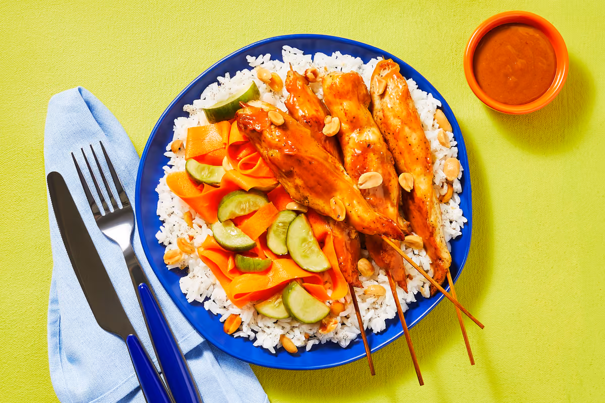 Spicy Chicken Satay Skewers: Pickled Cucumber-Carrot Salad & Garlic Peanut Rice