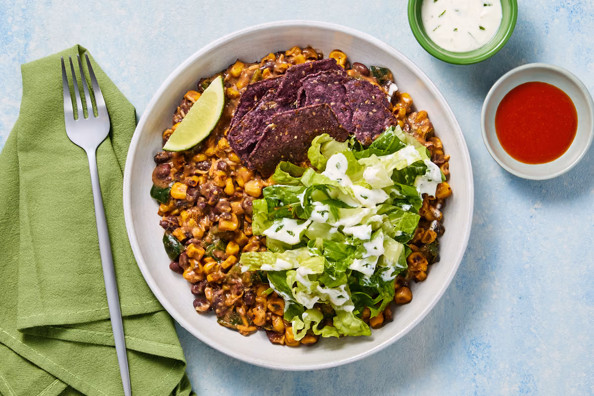 Cheesy Black Bean Tortilla Crunch Skillet