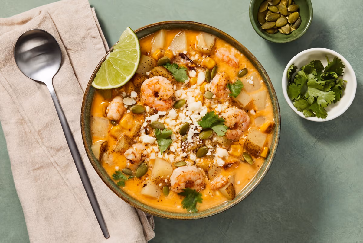 Elote-Style Corn, Shrimp & Potato Chowder