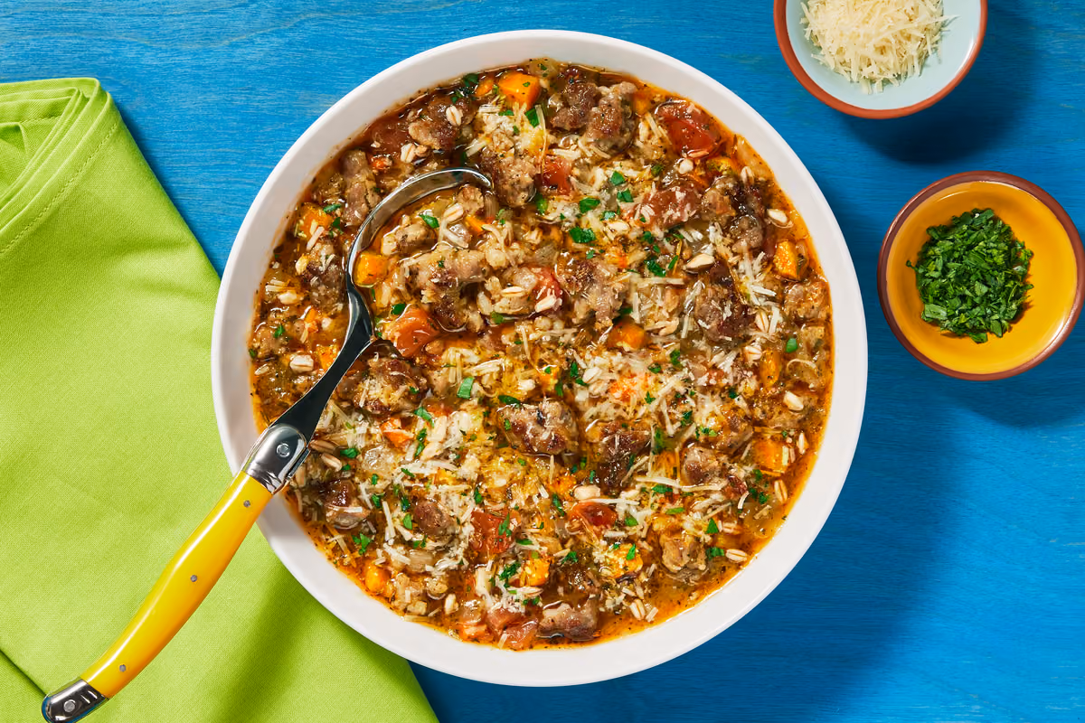 Rustic Farro & Pork Sausage Soup