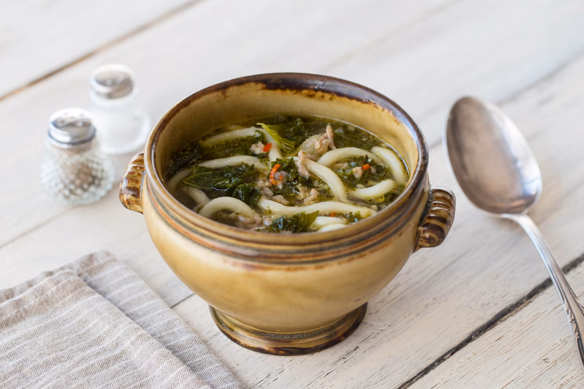Spicy Pork & Kale Soup with Udon Noodles
