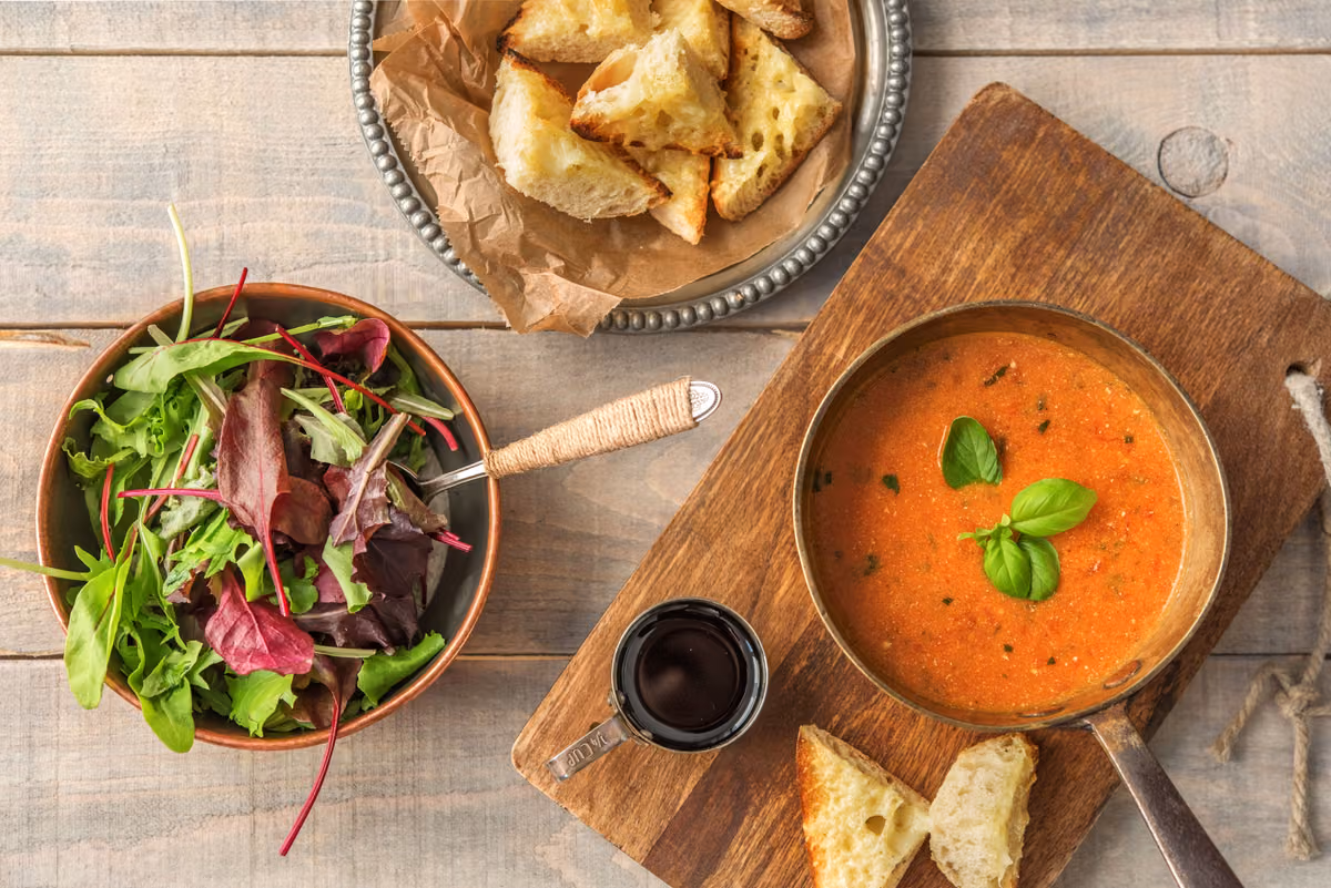 Tomato Bisque: Cheesy Toasts and Balsamic Greens