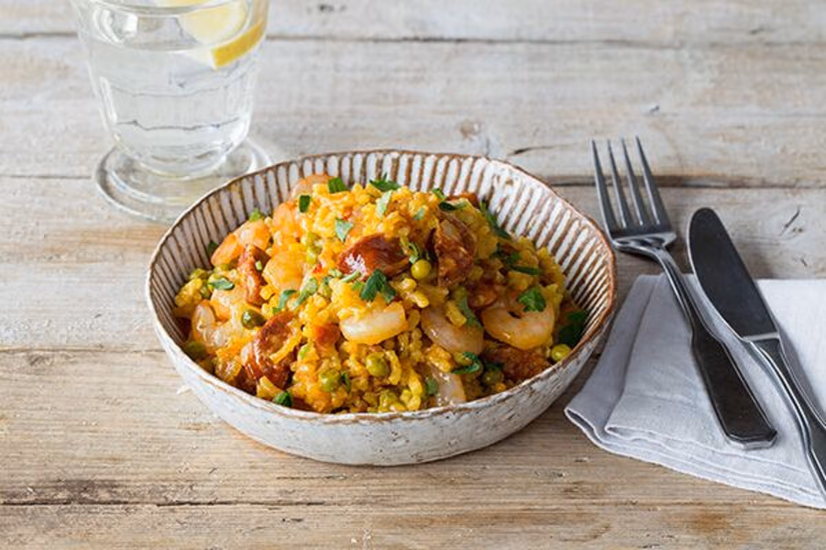 Shrimp and Chorizo Paella: Peas, Bell Pepper, and Garlic Aioli
