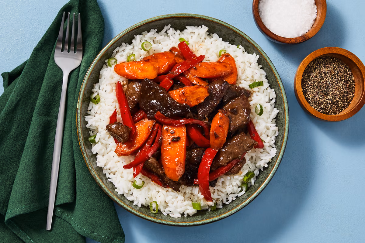 Tangy Ginger Steak & Pepper Stir-Fry with Carrot & Scallion Rice