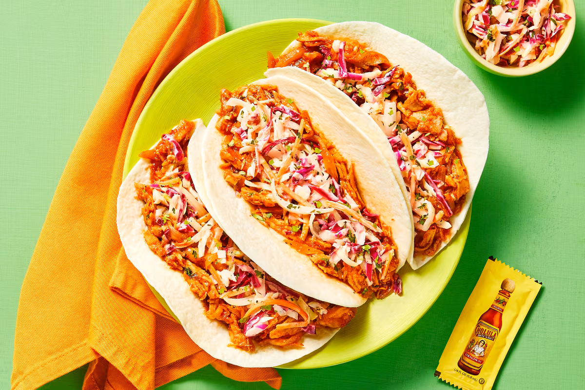 BBQ Pulled Chicken Tacos & Cholula Slaw