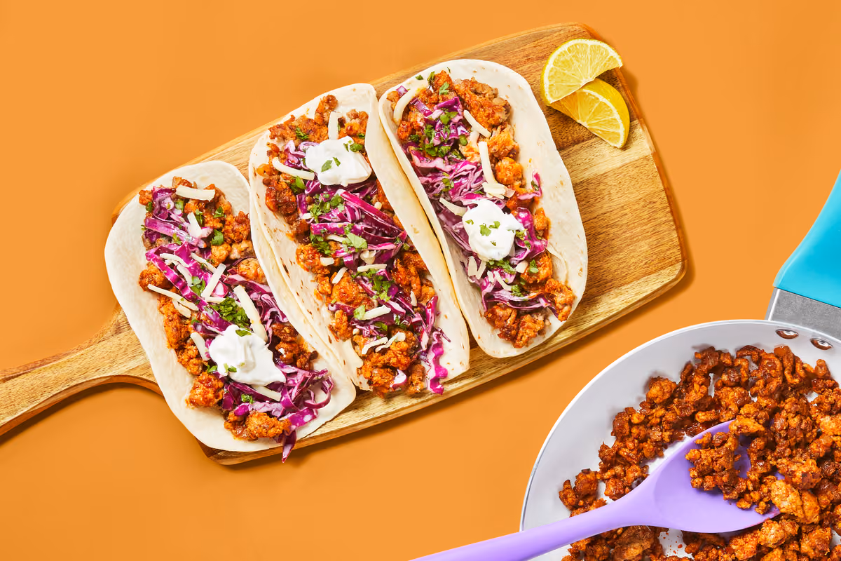 One-Pan Santa Fe Pork Tacos: Monterey Jack & Cilantro Lemon Slaw