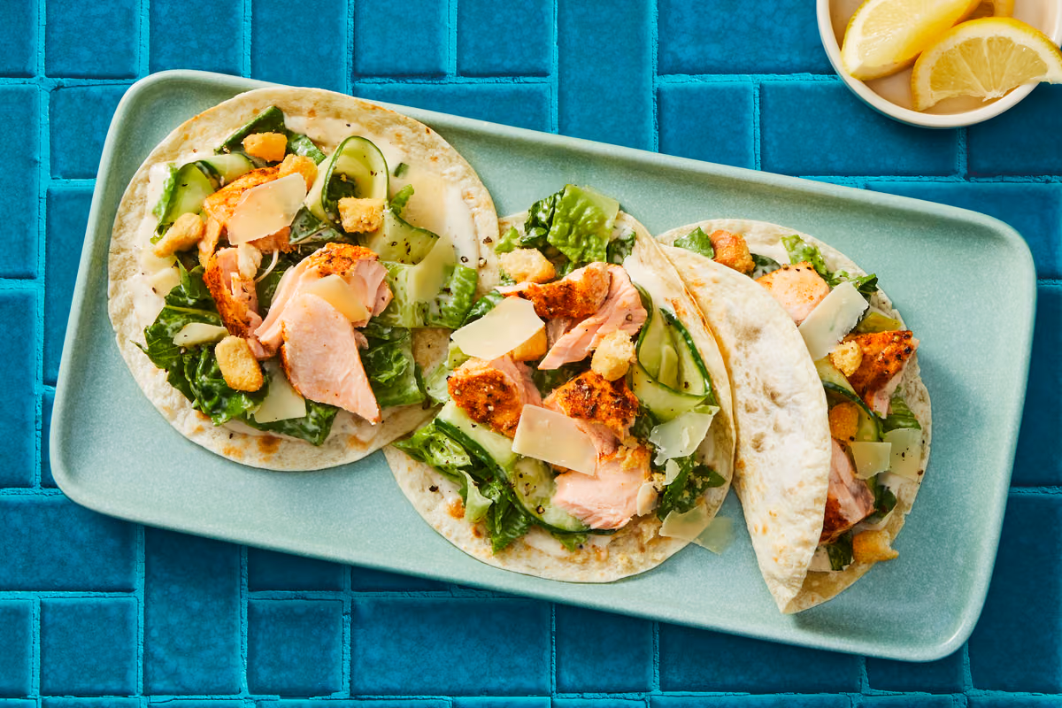 Air Fryer Blackened Salmon Caesar Tacos