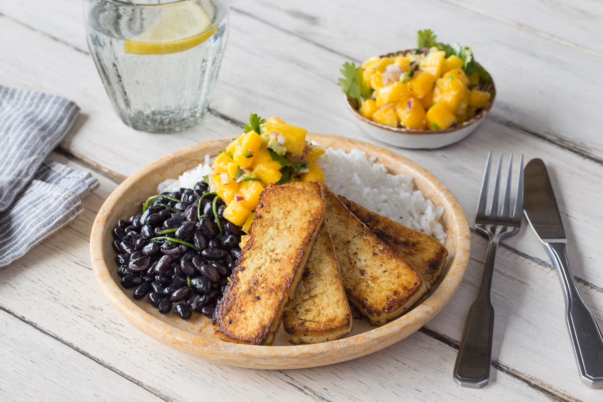 Crispy Citrus Tofu: Smoky Black Beans and Mango Salsa