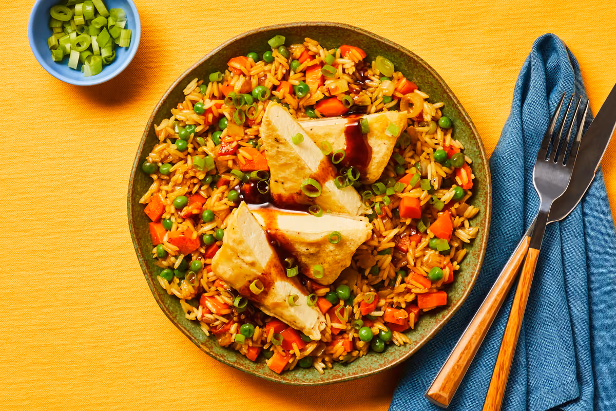 Vegan Fried Tofu with Loaded Garden Rice: Sweet Chili Katsu Sauce