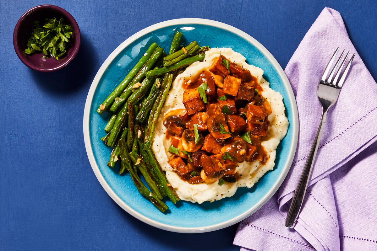 Vegan Golden Tofu & Mushroom Marsala: Roasted Green Beans & Mashed Potatoes