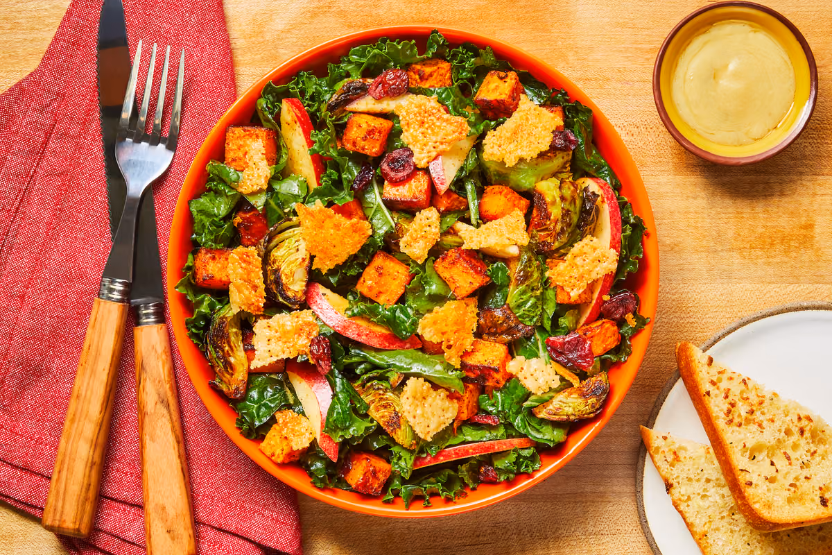 Cranberry-Apple Kale Salad: Parm Frico & Garlic Ciabatta