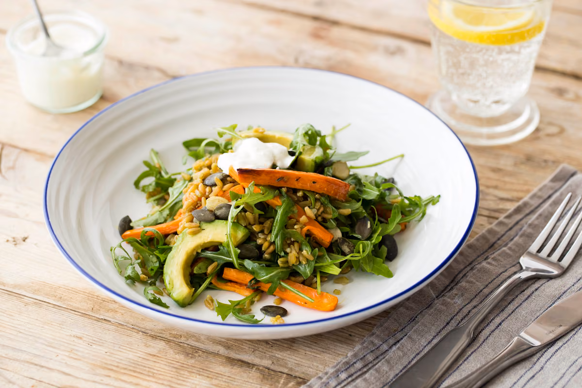 Roasted Carrot & Avocado Salad: Farro & Arugula