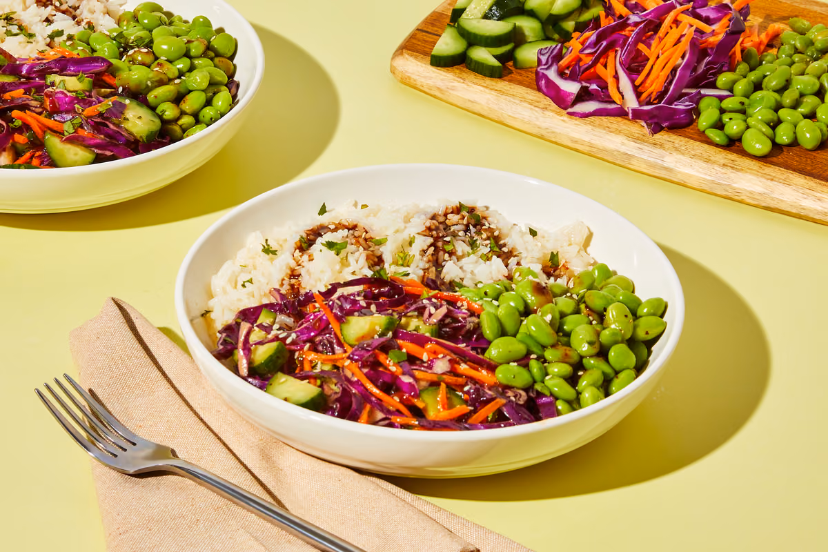 Sweet & Spicy Rainbow Edamame Rice Bowls