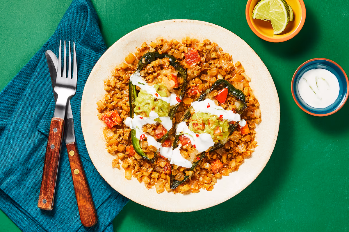 Mexican Cauliflower Rice-Stuffed Poblanos