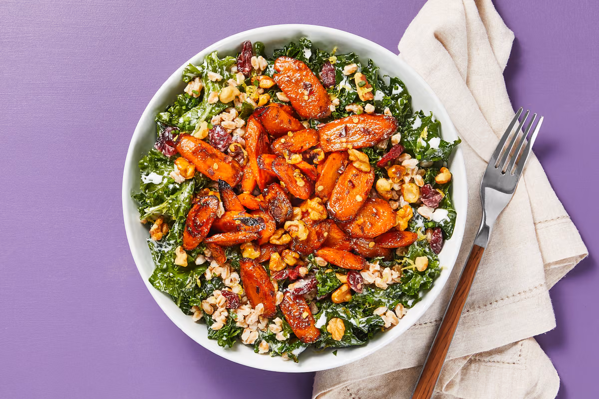 Honey Roasted Carrot Farro & Kale Salad
