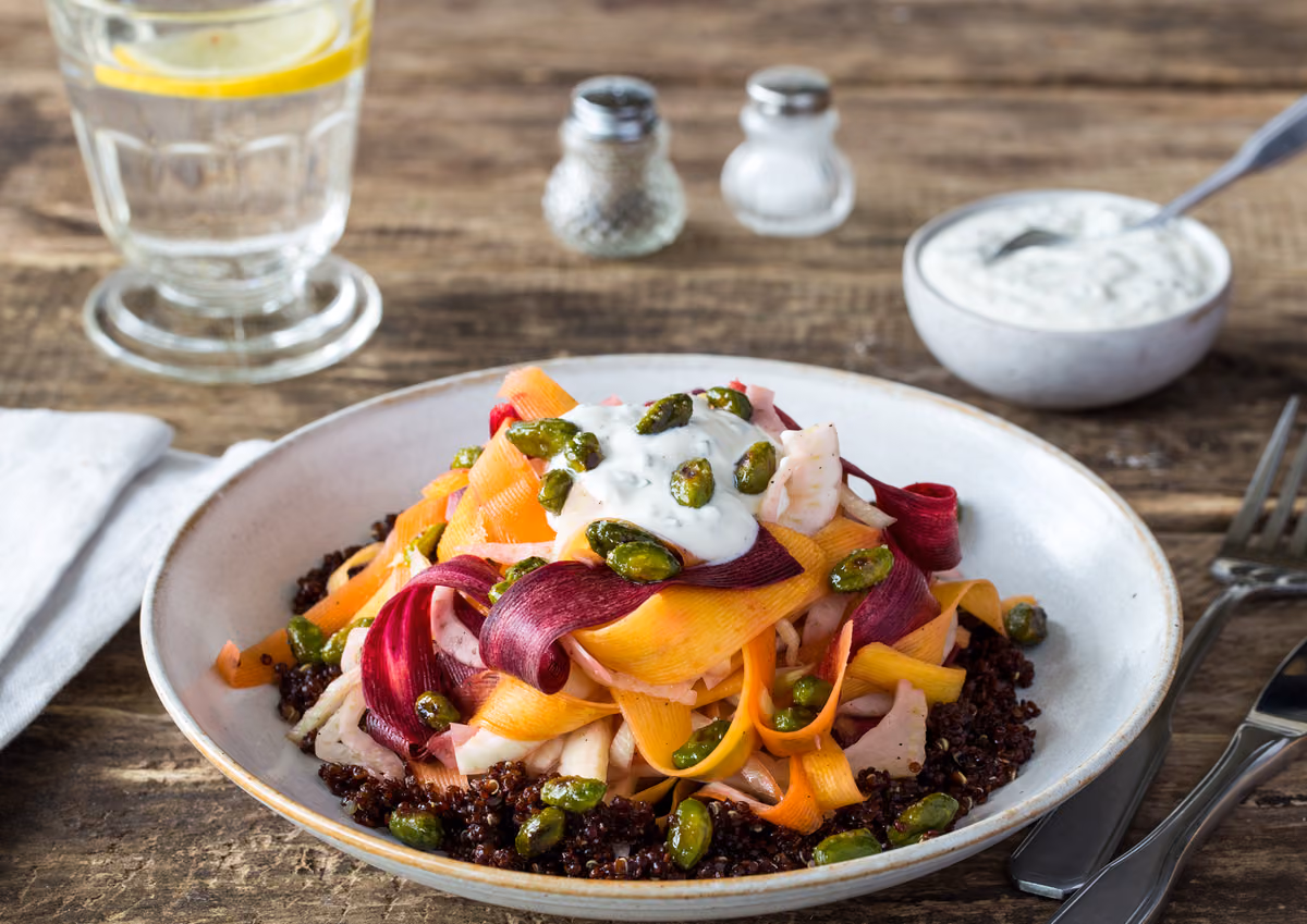 Shaved Vegetable Salad over Red Quinoa